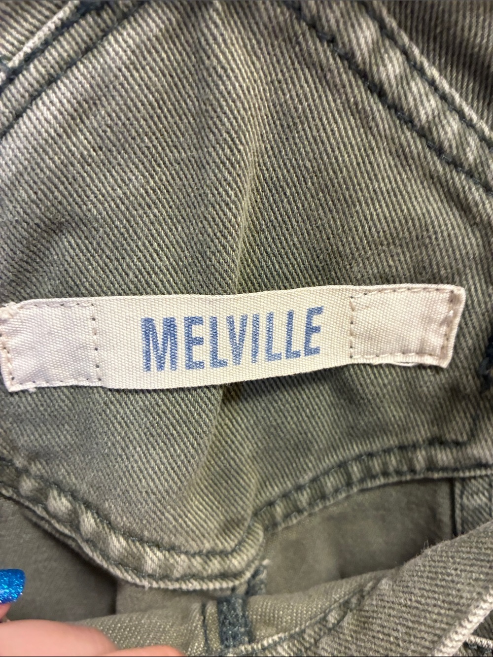 Melville 100% cotton green denim short overalls w/ a distressed, frayed hem. - Picture 12 of 14